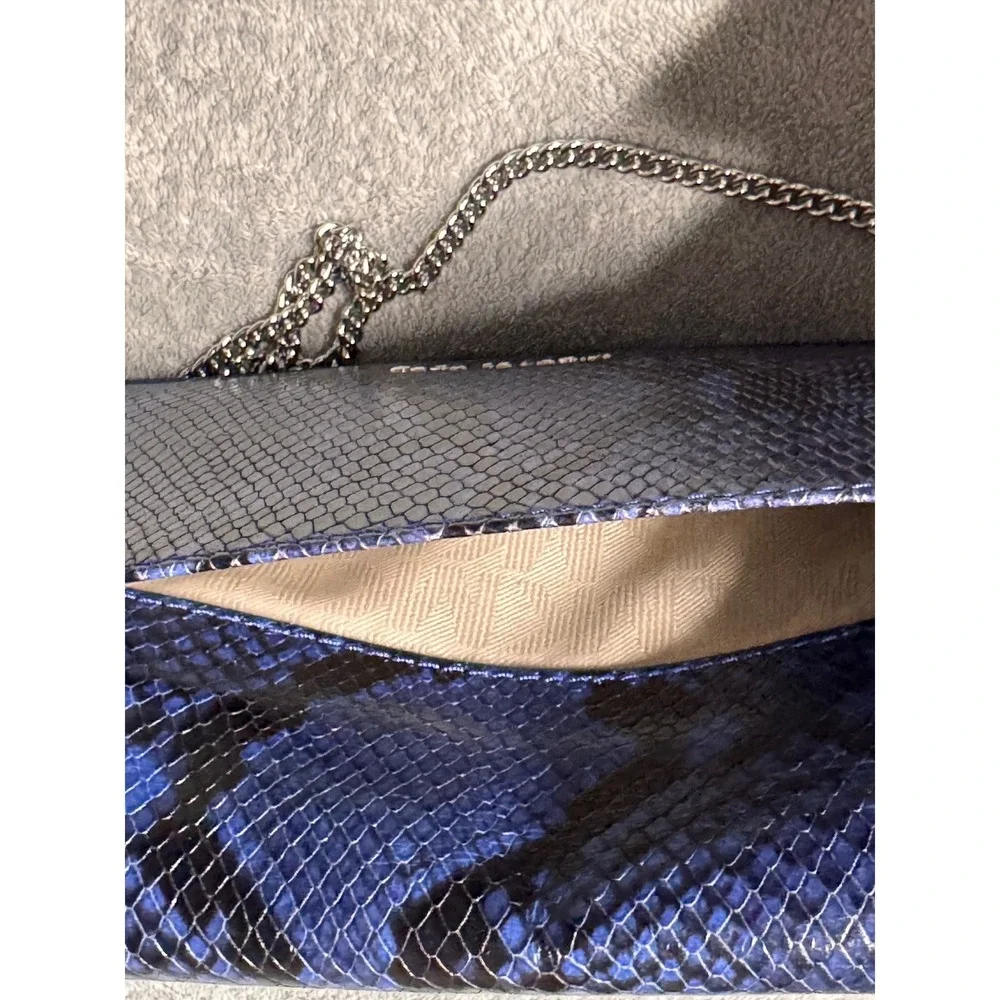Michael Kors Ellie MD Shoulder Flap Clutch Bag Blue Snake Print Embossed Leather